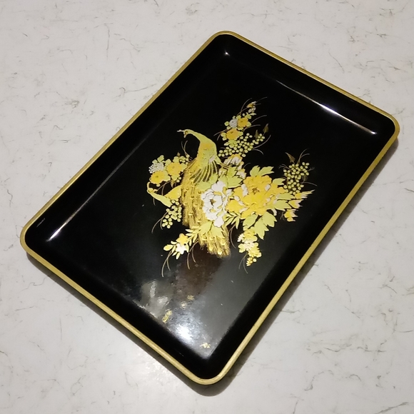 Otagiri Original Gold Peacock Flowers Black Lacquer Tray Dish Hand Crafted Japan - Picture 3 of 14